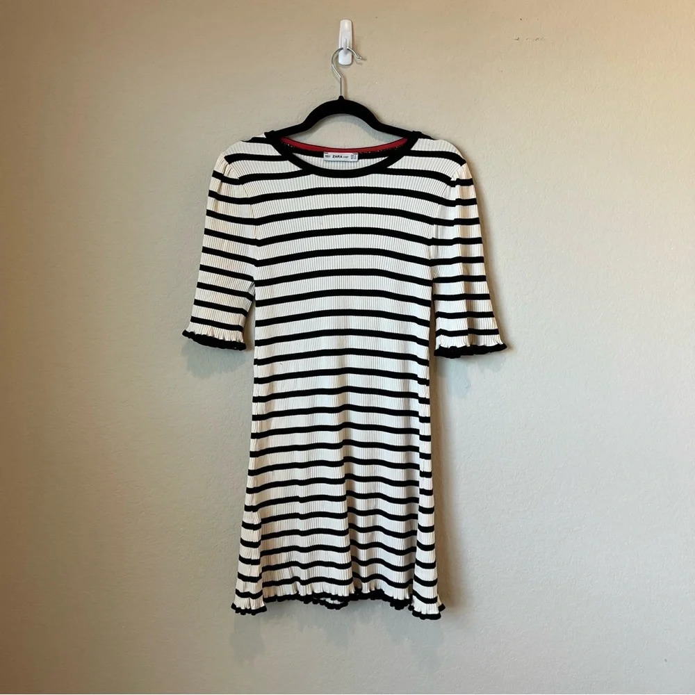 Zara Striped Ribbed ruffle hem mini dress